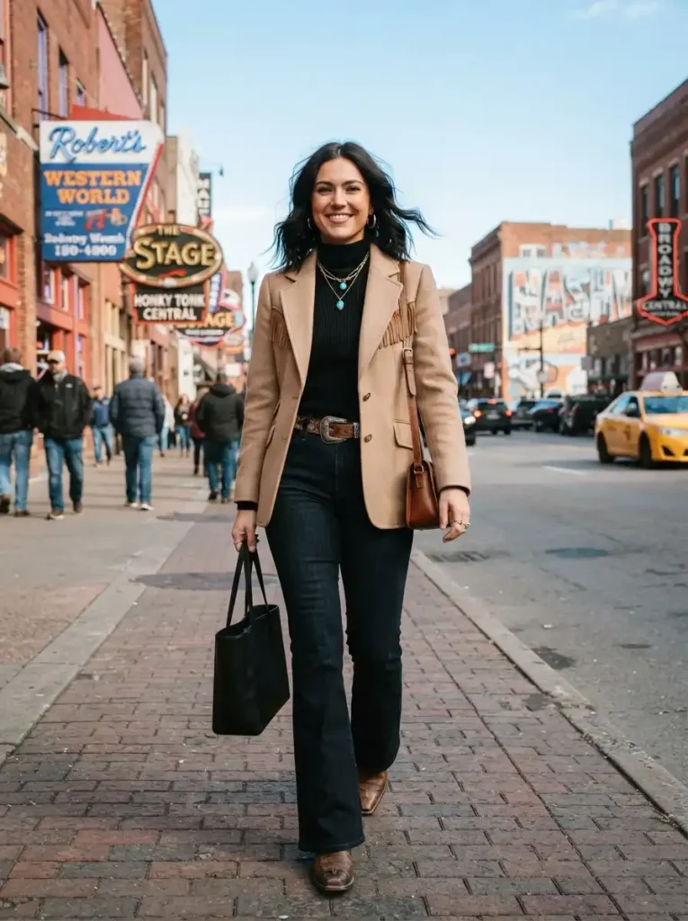 14. Western-Inspired Blazer, Turtleneck, and Flare Jeans