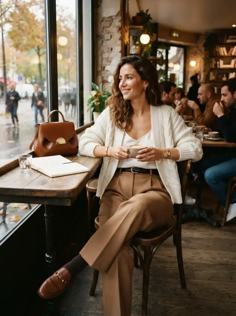 14. White Cardigan With Pleated Trousers and Loafers