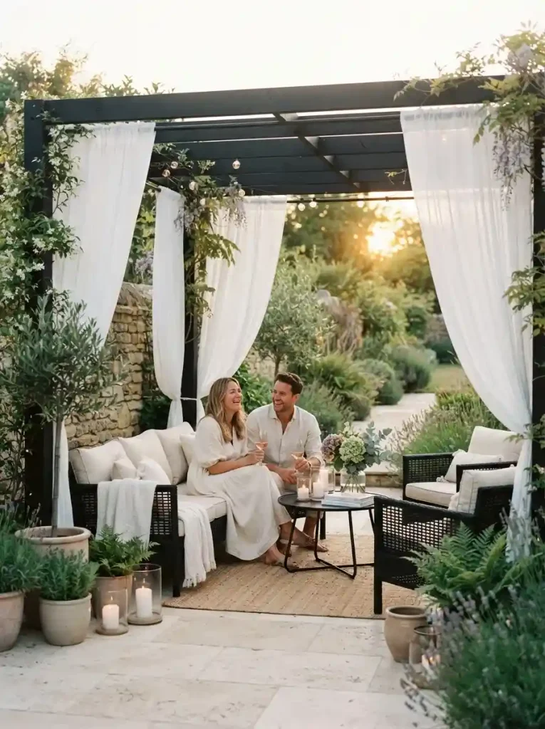 15. Black Pergola With Hanging White Curtains