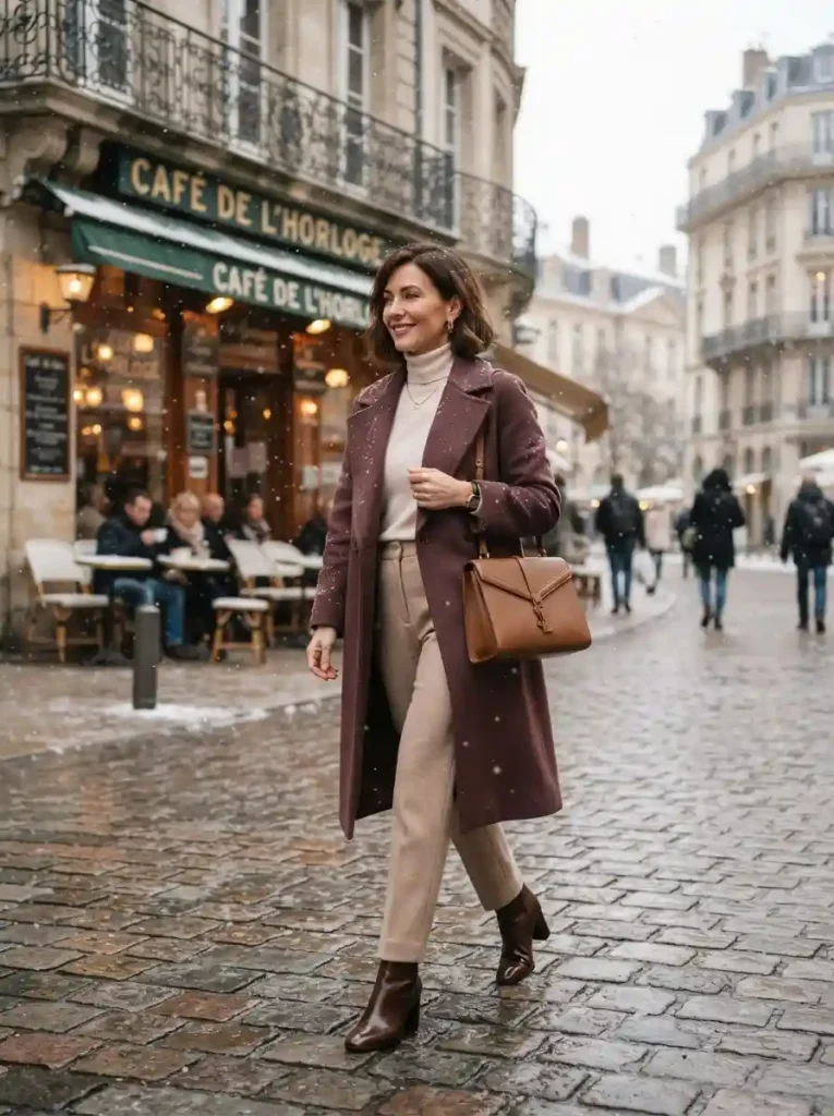 15. Burgundy Coat and Cream Knit