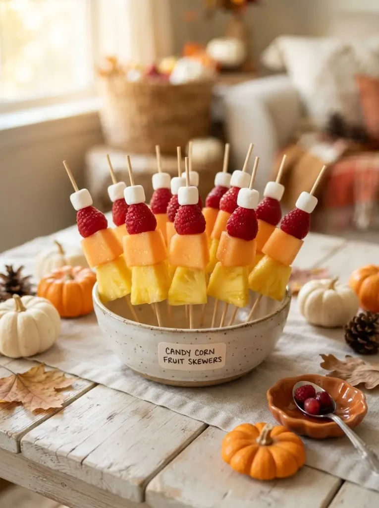 15. Candy Corn Fruit Skewers