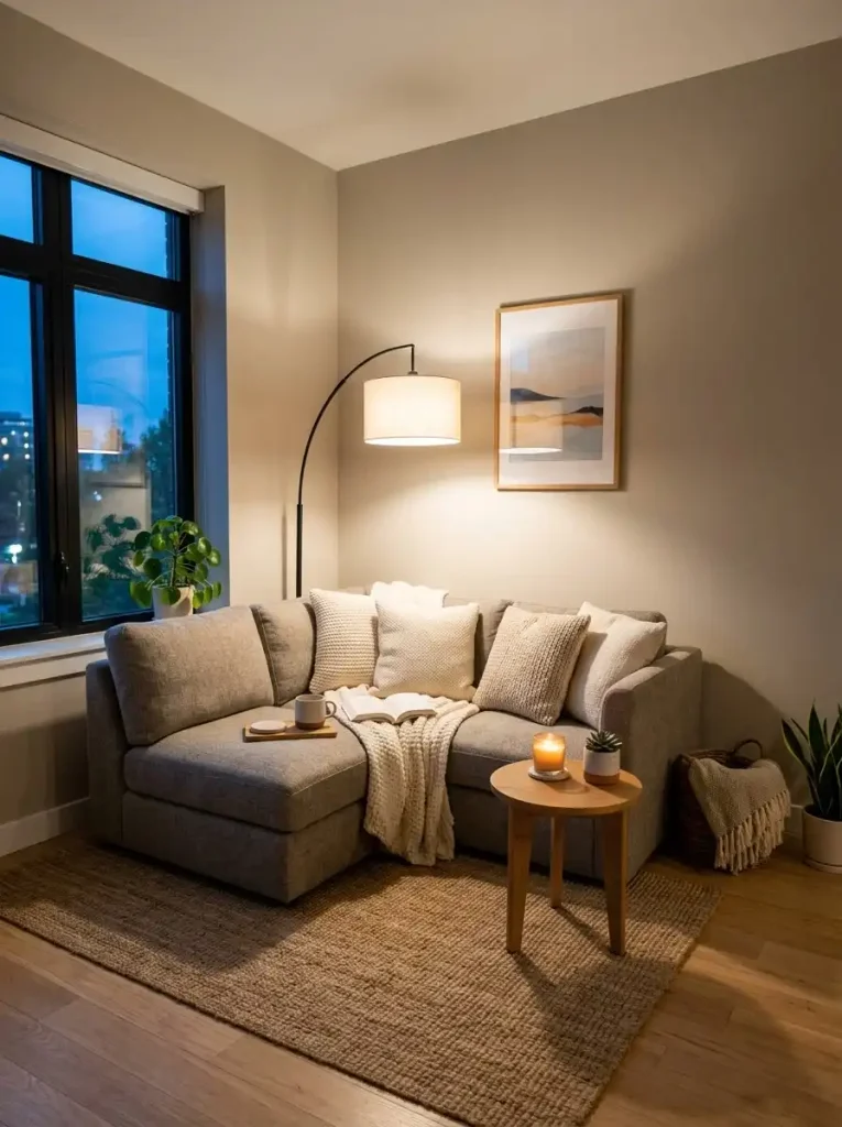15. Corner Sofa With A Small Floor Lamp
