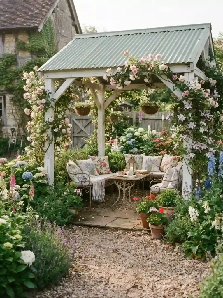 15. Cottage-Style Pergola With a Soft Green Roof