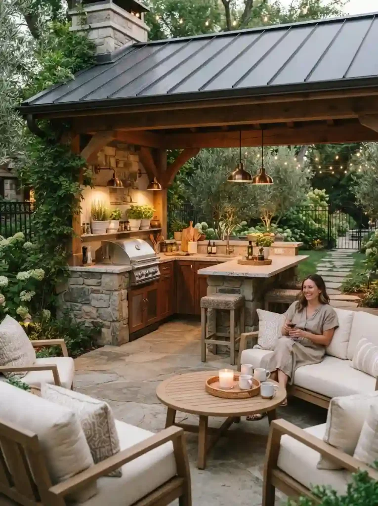 15. Covered outdoor kitchen with a cozy seating zone