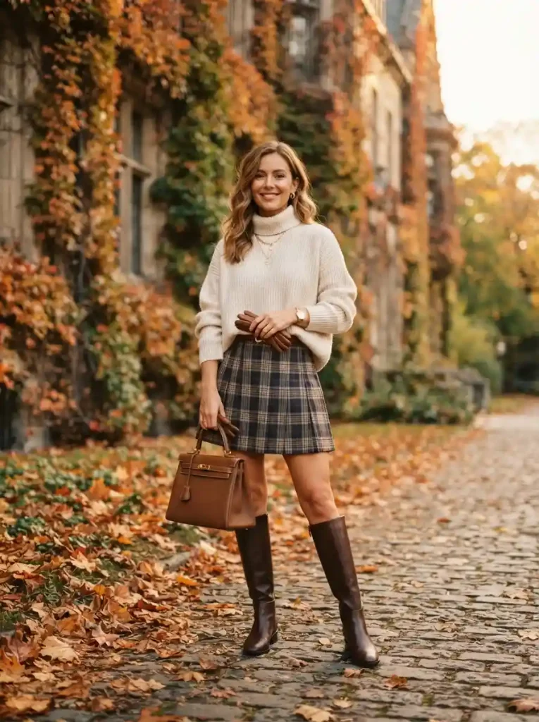 15. Cream Sweater with a Plaid Mini Skirt