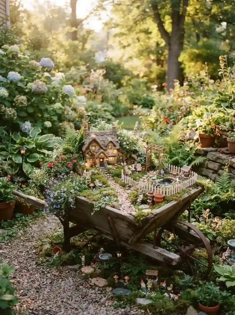 15. Create a Fairy Garden Around a Rustic Wheelbarrow