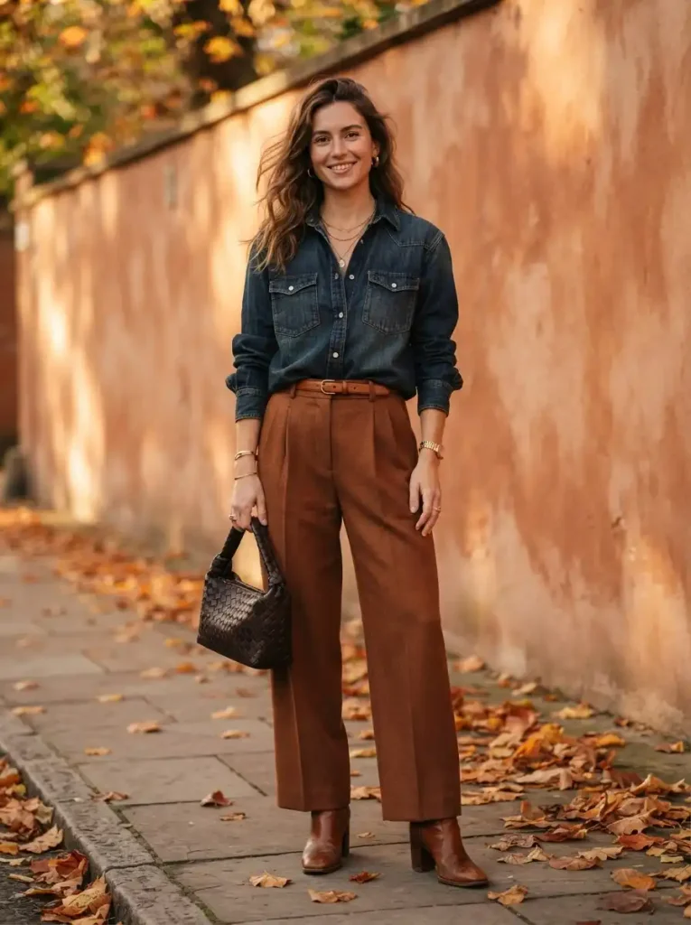 15. Dark Denim Shirt With Rust Wide-Leg Pants