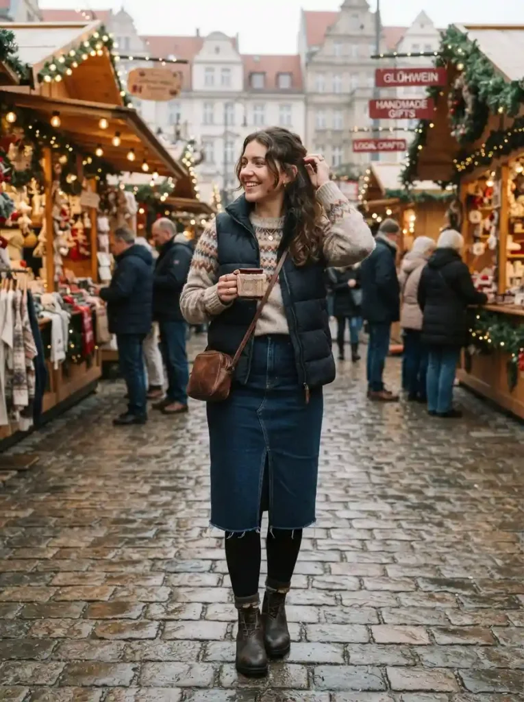15. Denim Midi Skirt with a Fair Isle Sweater