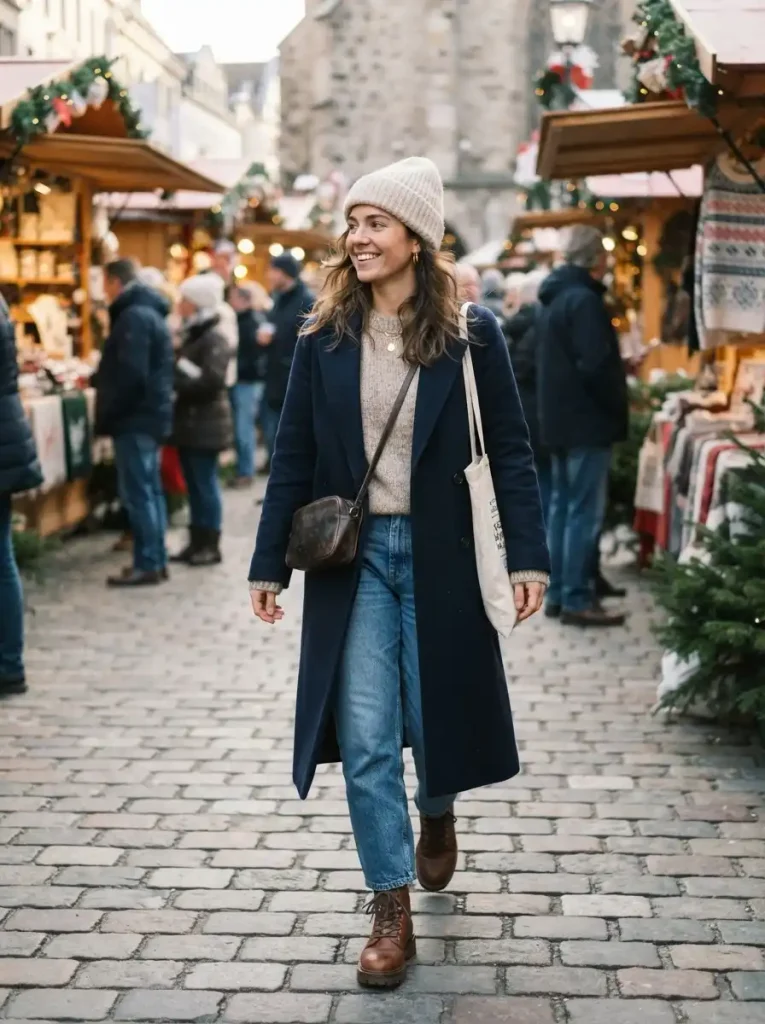 15. Long Coat With a Beanie and Casual Boots