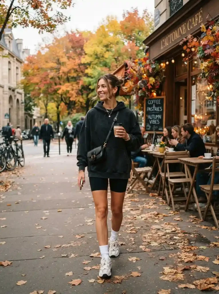 15. Oversized Hoodie with Biker Shorts and Tall Socks