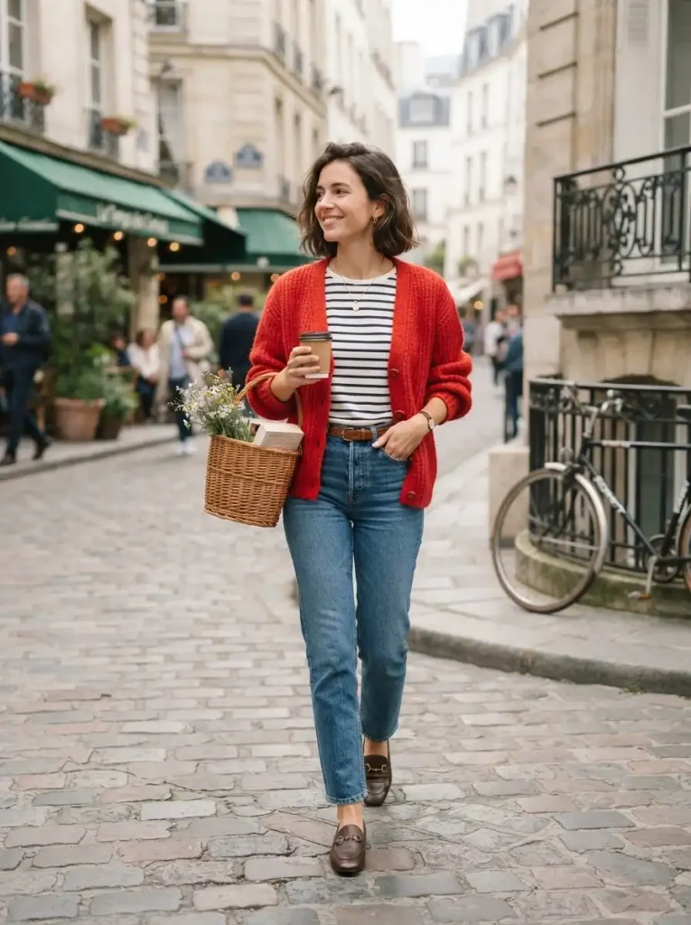 15. Red Cardigan With a Striped Top