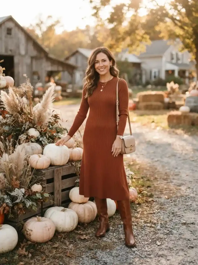 15. Rust Sweater Dress With Tall Boots