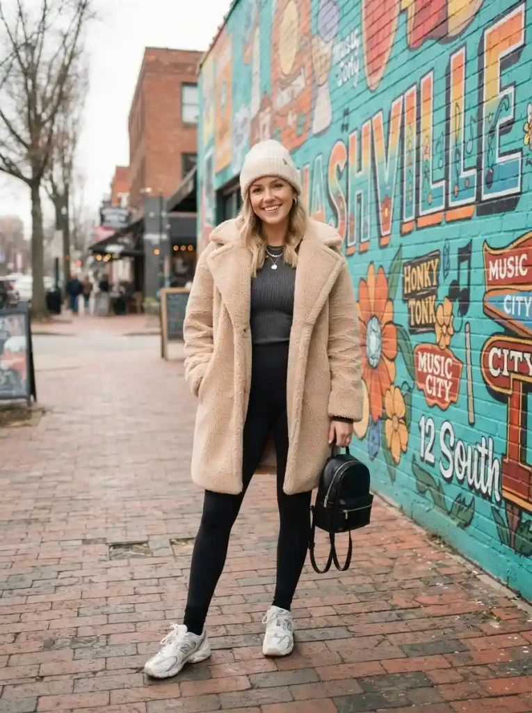 15. Teddy Coat, Leggings, and Chunky Sneakers