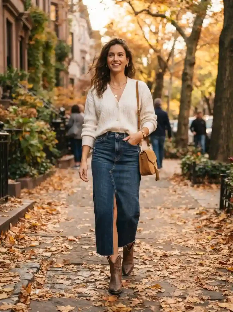 15. White Cardigan With a Denim Maxi Skirt