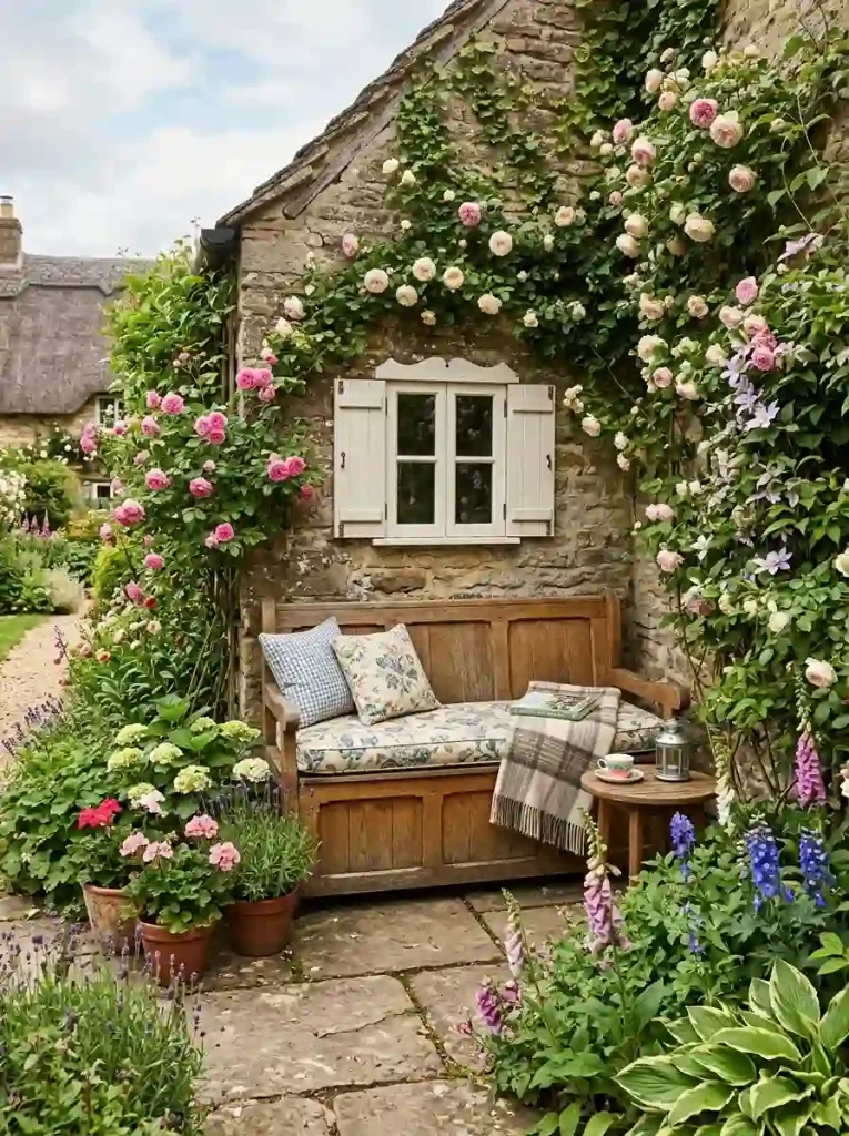 15. Window seat bench against garden wall