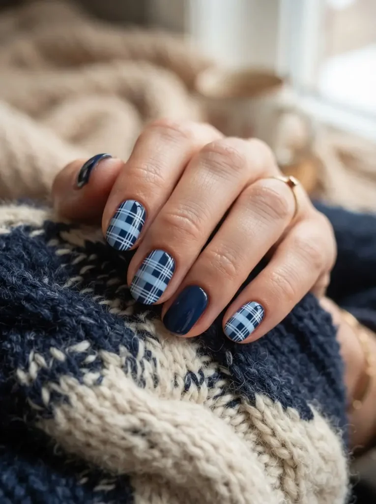 16. Blue Plaid Winter Nails