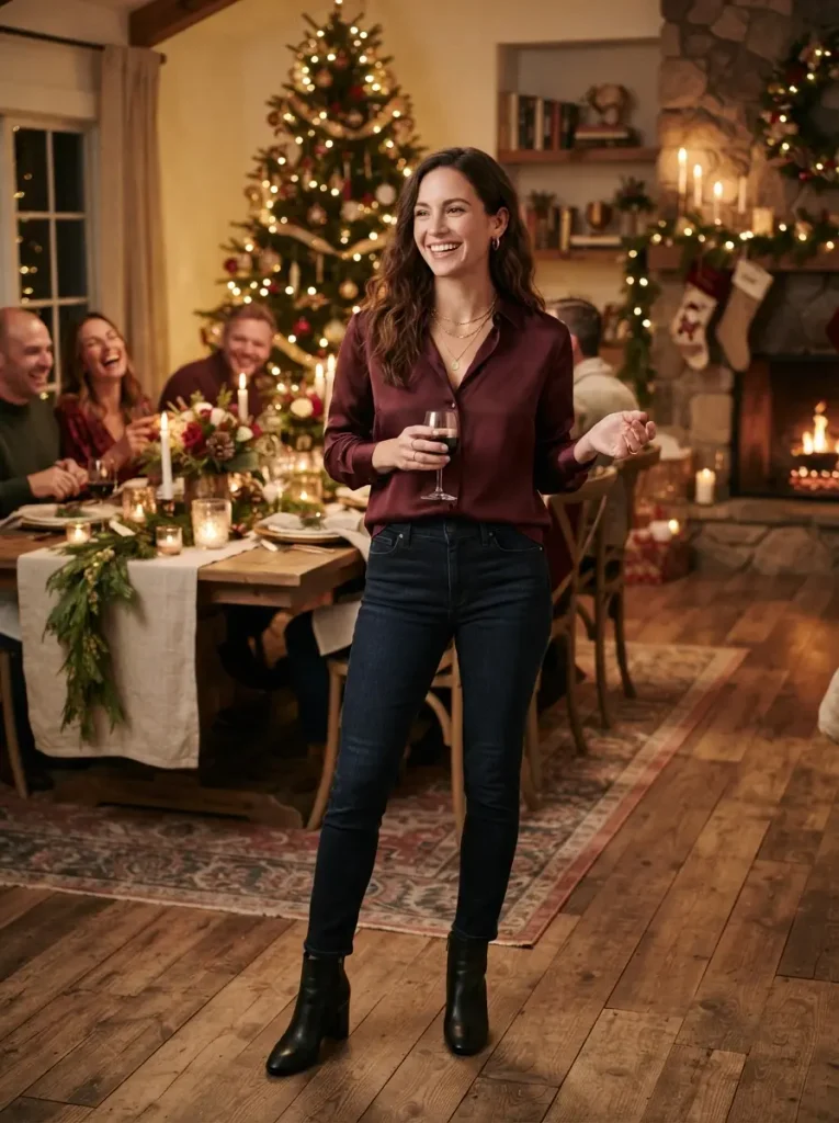 16. Burgundy Blouse and Dark Jeans