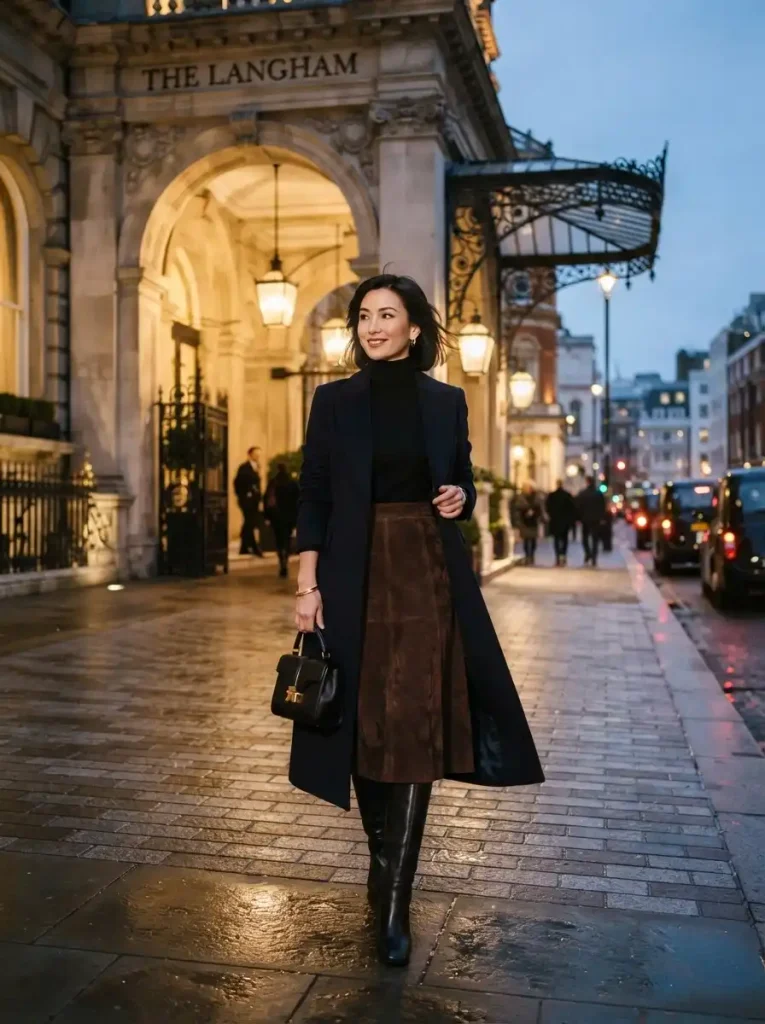 16. Chocolate Brown Suede Skirt with a Black Turtleneck