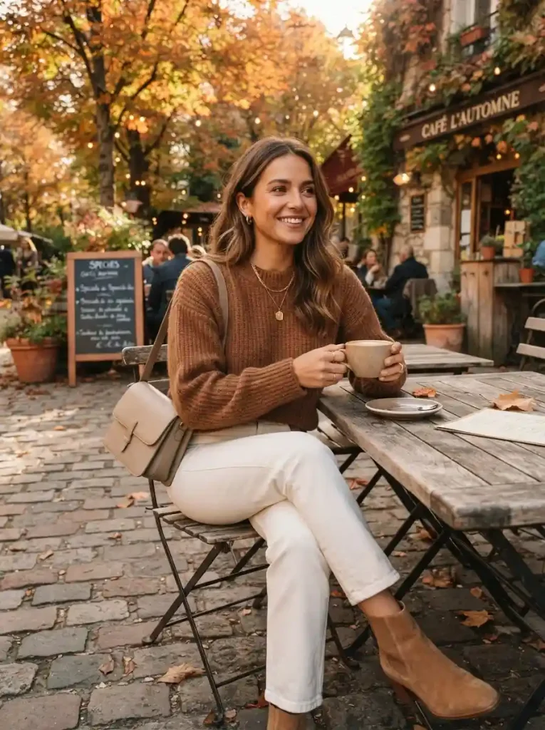 16. Chunky Sweater with White Jeans