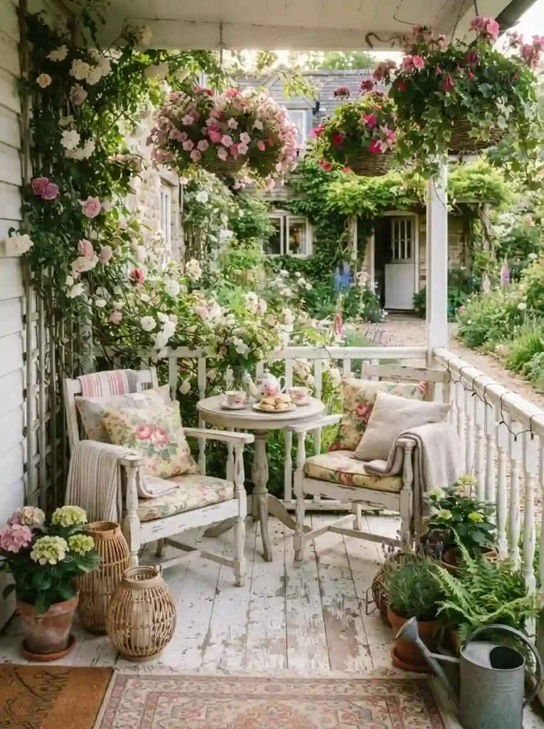 16. Cottage-style porch with floral cushions