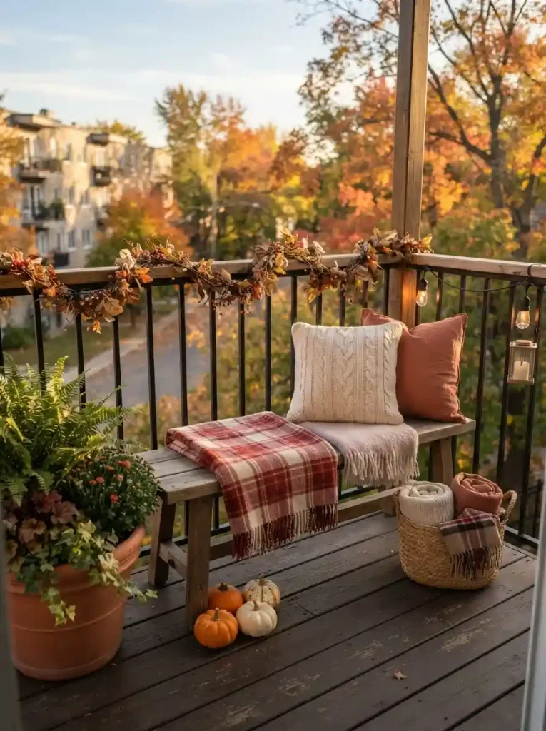 16. Cozy Plaid Blanket Bench Corner