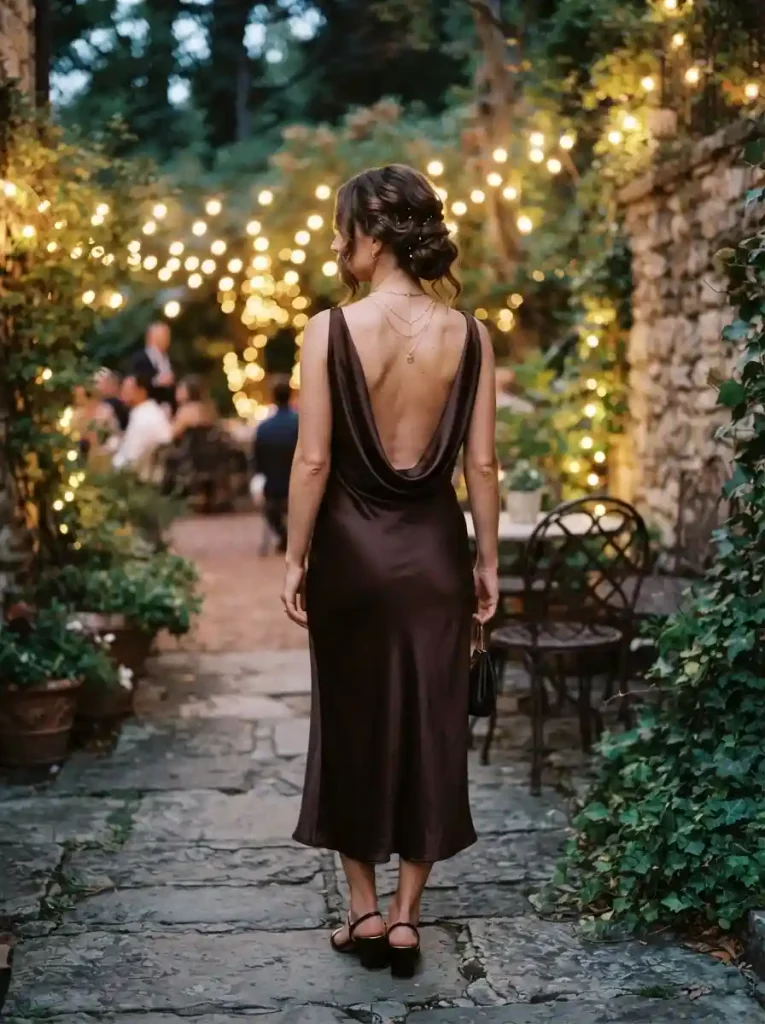 16. Deep Chocolate Midi, Draped Back Detail