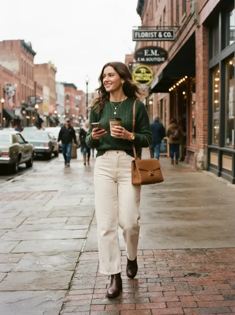 16. Forest-Green Sweater, Cream Pants, and Brown Boots
