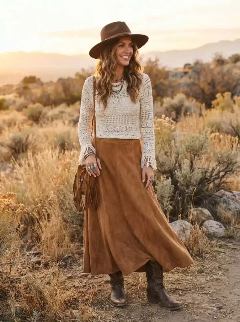 16. Ivory Crochet Top With Suede Maxi Skirt