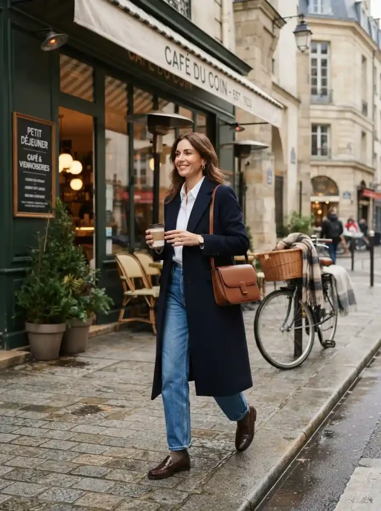16. Long Coat With a White Shirt and Jeans