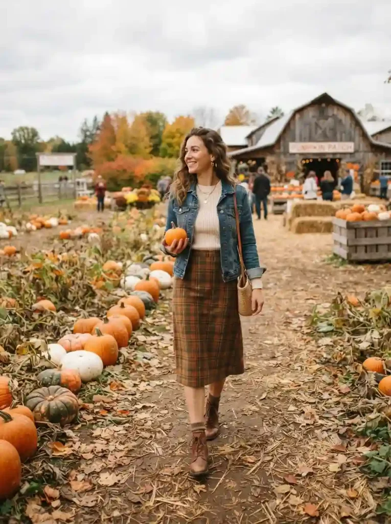 16. Plaid Midi Skirt With a Denim Jacket