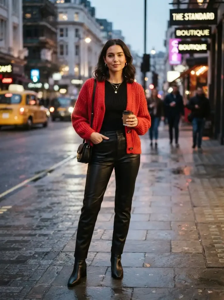 16. Red Cardigan With Leather Pants