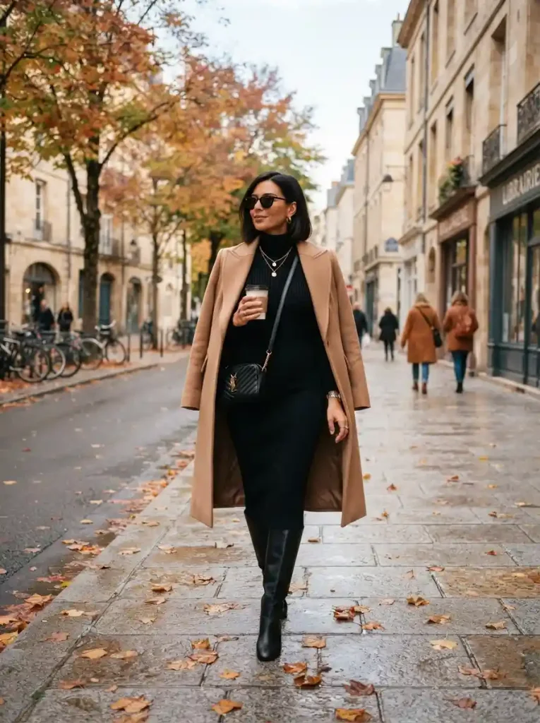 17. Black Ribbed Knit Dress, Structured Coat Layer