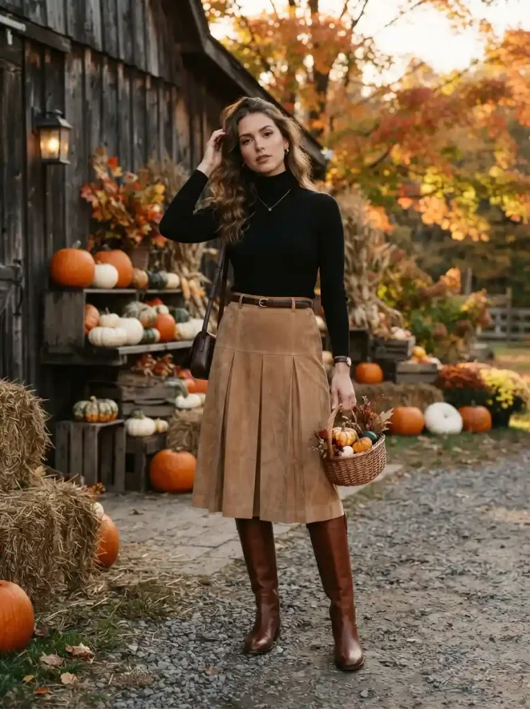 17. Black Turtleneck With a Suede Midi Skirt