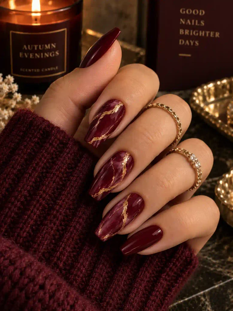 17. Burgundy and Gold Marble Nails