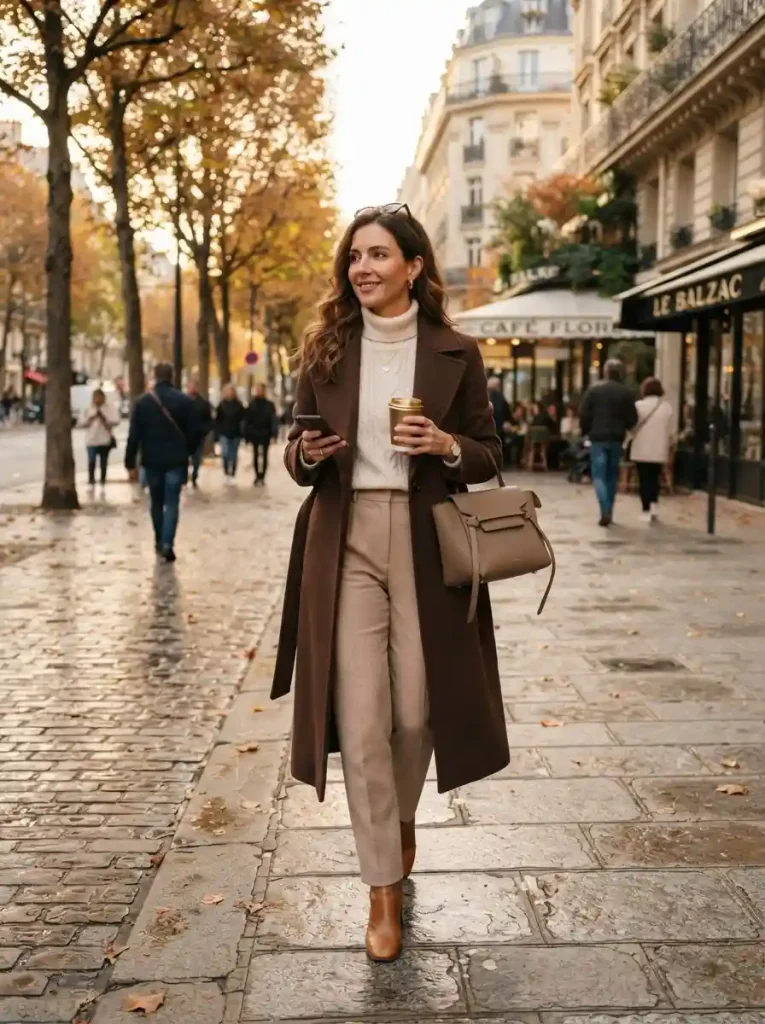 17. Chocolate Brown Long Coat With Warm Neutrals