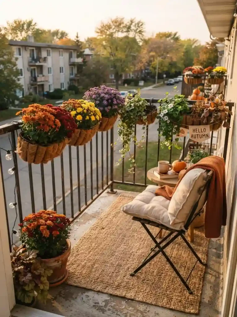 17. Fall Flower Basket Railing Display