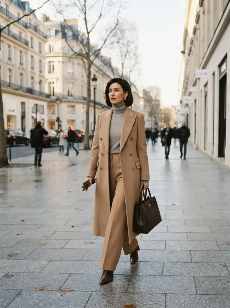 17. Grey Turtleneck and Camel Trousers