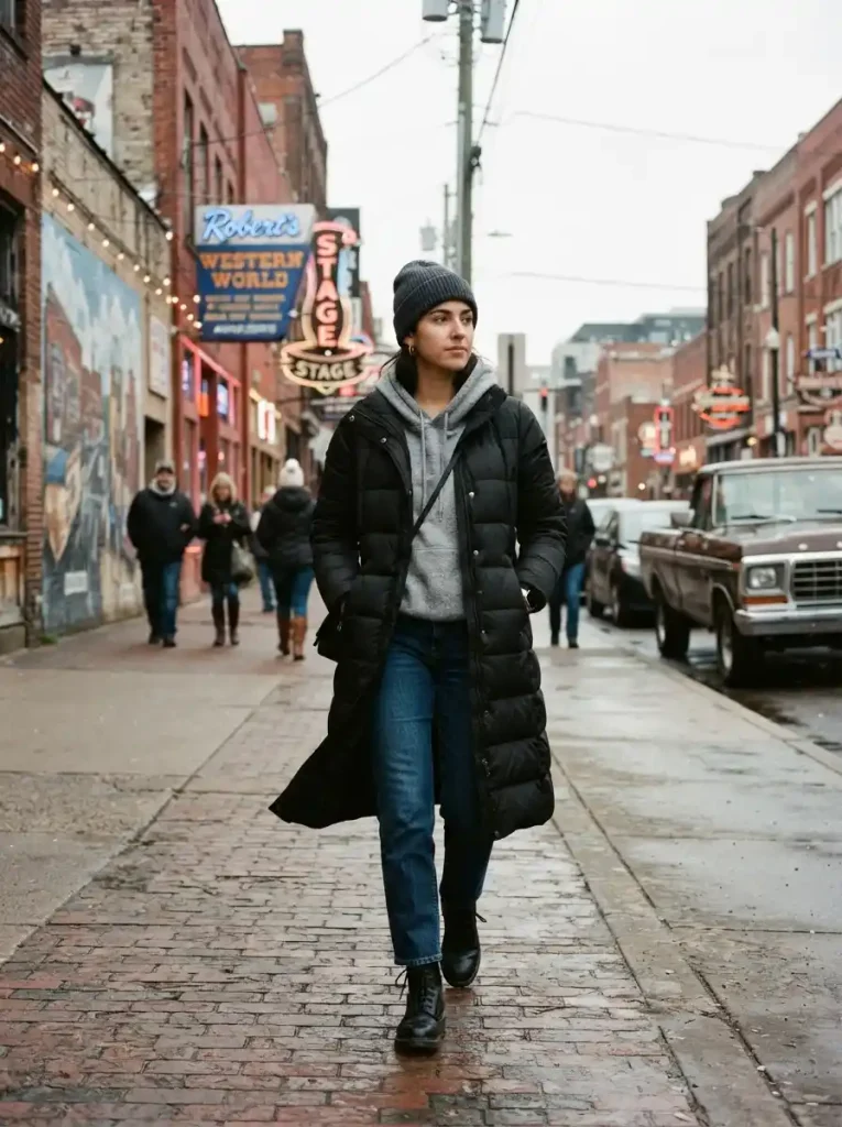 17. Long Puffer Coat, Hoodie, Jeans, and Combat Boots