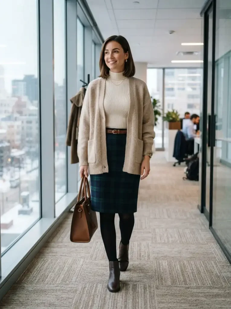 17. Plaid Pencil Skirt with a Chunky Cardigan