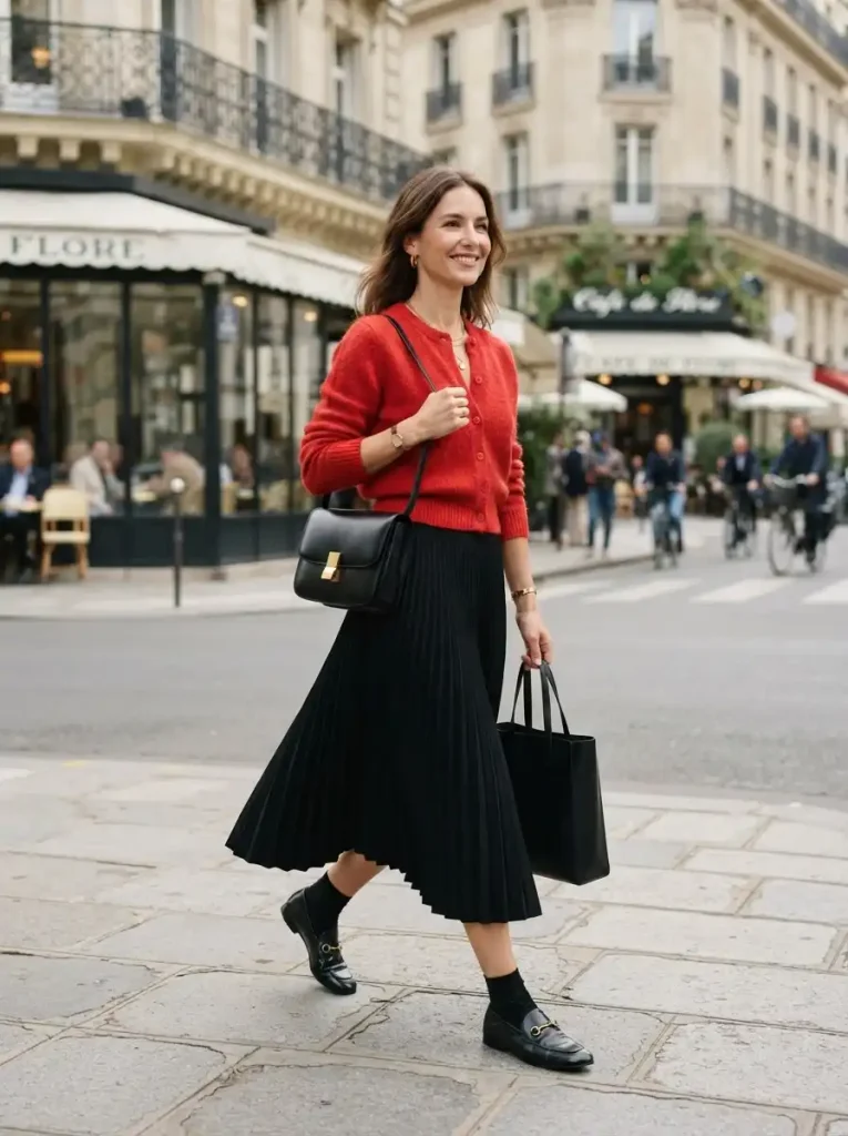 17. Red Cardigan With a Pleated Black Skirt