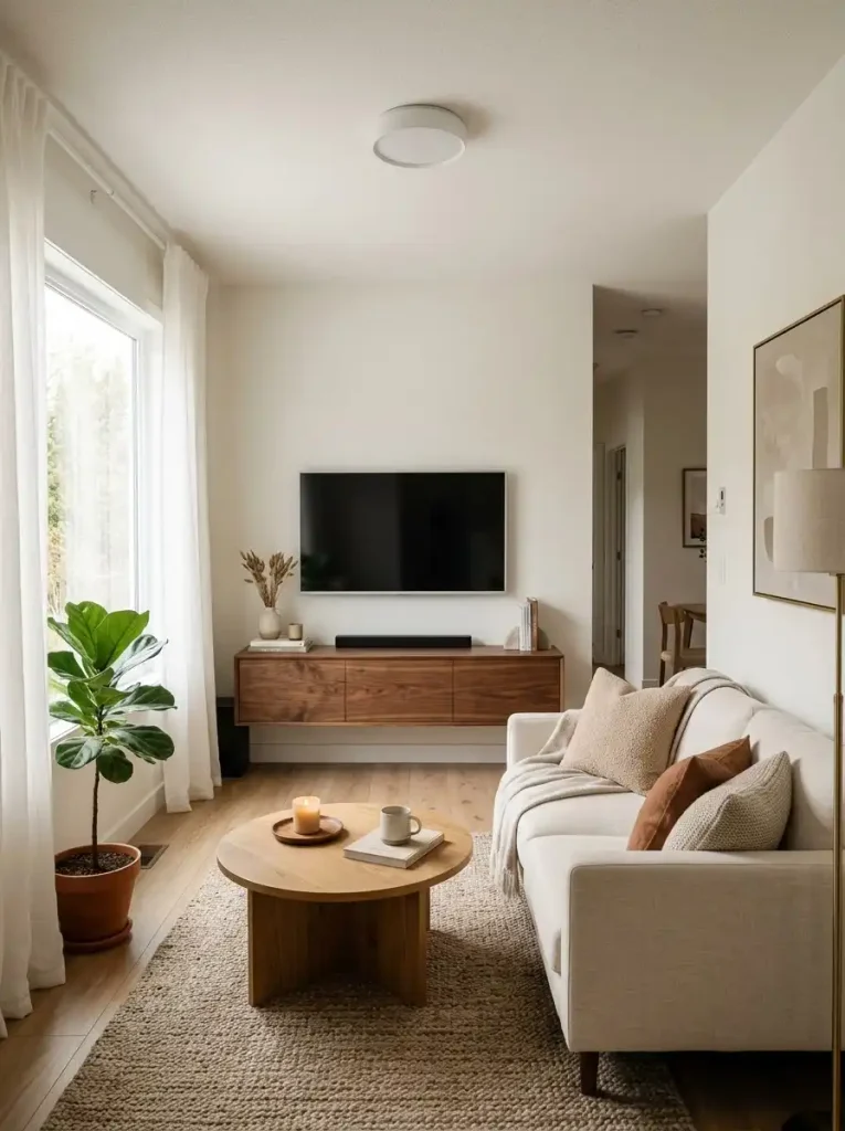 17. TV Mounted Above A Slim Floating Cabinet