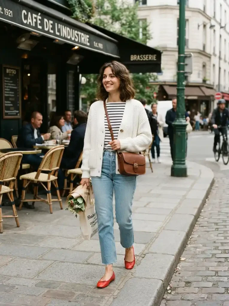 17. White Cardigan Over a Striped Breton Top