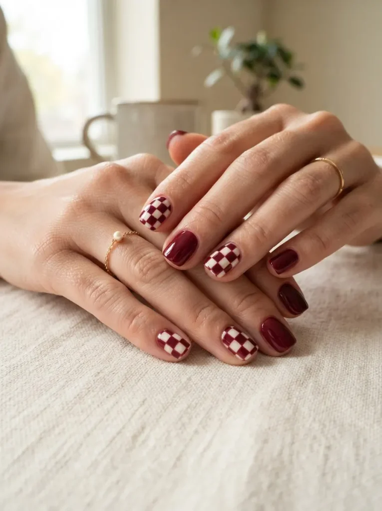 18. Burgundy Checkerboard Nails