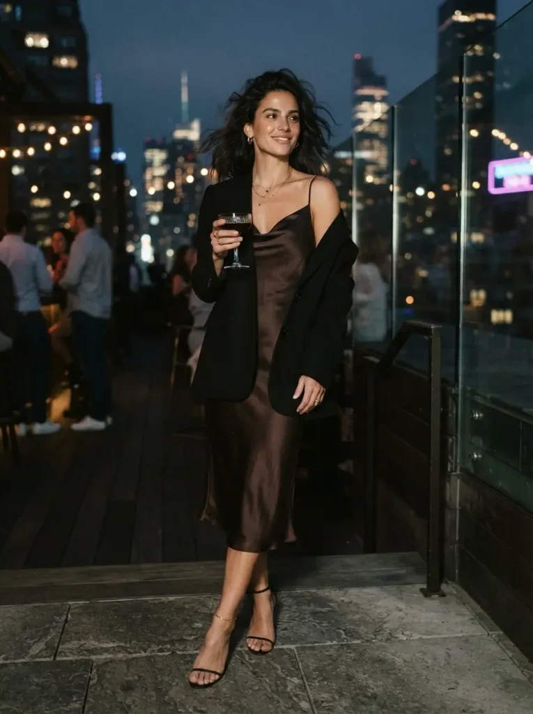 18. Espresso Satin Slip, Blazer Off One Shoulder