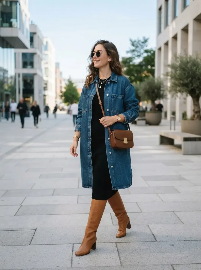 18. Knee High Boots With a Long Denim Jacket