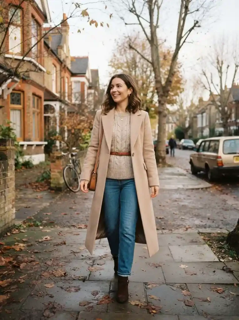 18. Long Coat With a Belted Sweater and Straight Jeans
