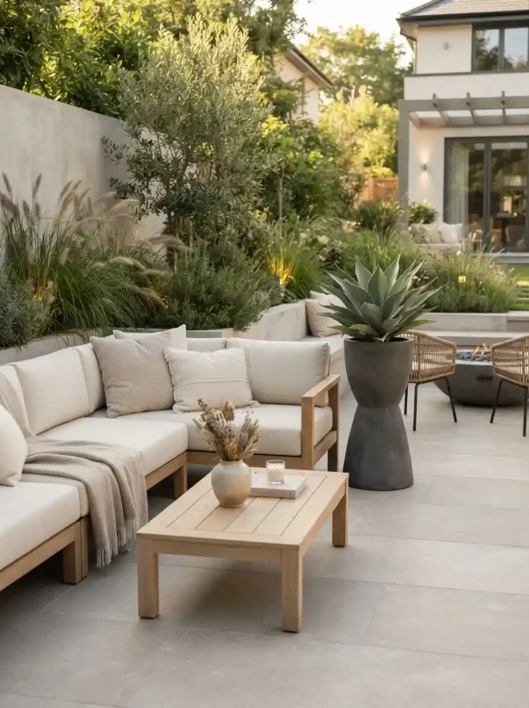 18. Minimalist outdoor living room in neutral tones
