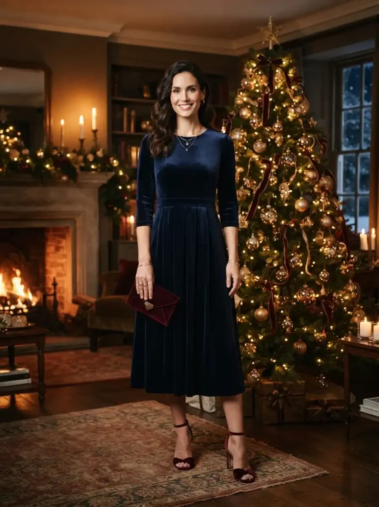18. Navy Dress With Velvet Accessories