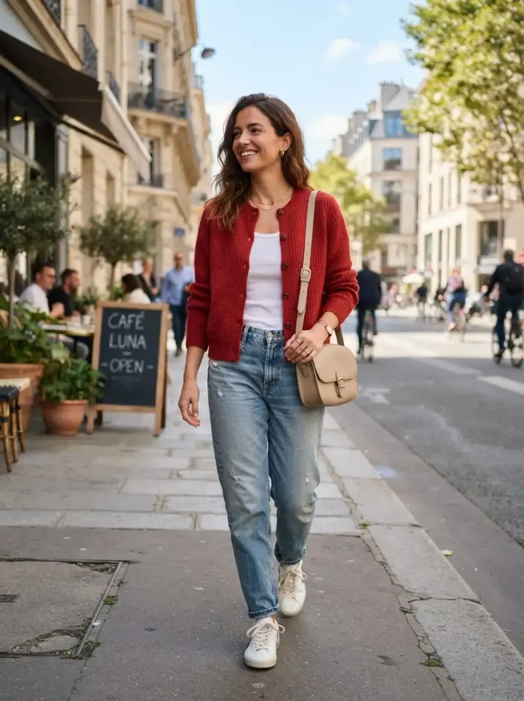18. Red Cardigan With Light-Wash Jeans