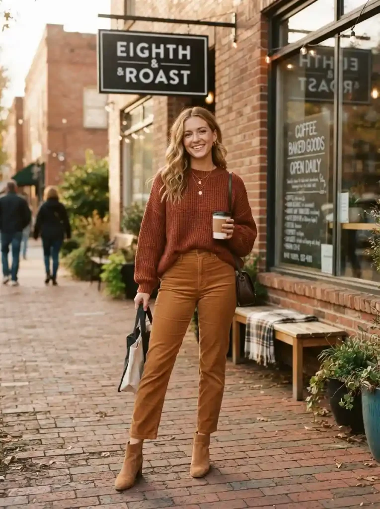 18. Rust Sweater, Corduroy Pants, and Suede Ankle Boots